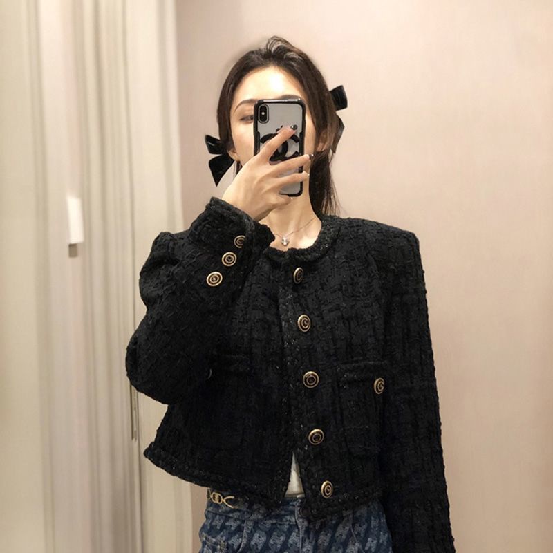 jaket korean style wanita hitam kecil harum gaya jaket pendek wanita musim gugur retro gaya hong kon