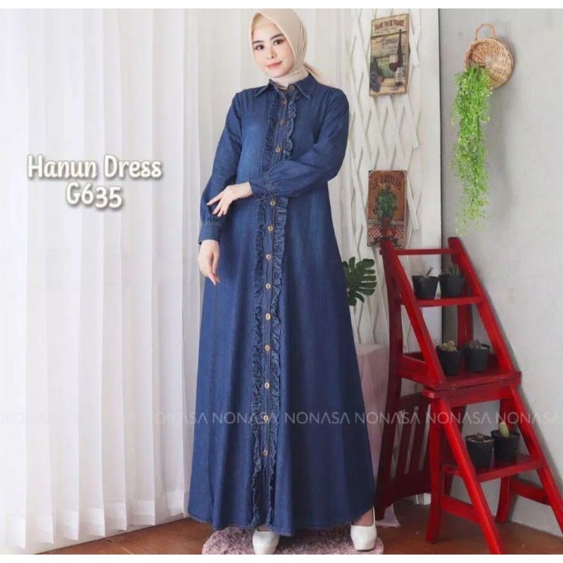 Gamis Jeans Wanita Terbaru 2022 Hanun Dress- Gamis Terbaru 2021 - Baju Lebaran Terbaru Jumbo Import 