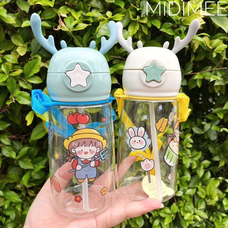 Botol Minum Tanduk Rusa / Botol Minum Anak Lucu 500ML Tali Sedotan Anti Tumpah  BPA FREE