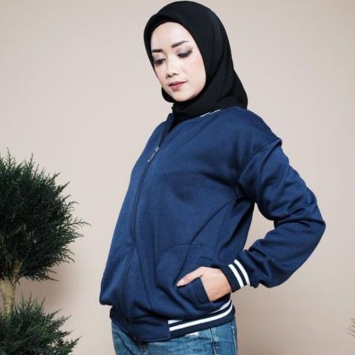 Jaket Baseball Polos Resleting Pria Wanita Bahan Tebal