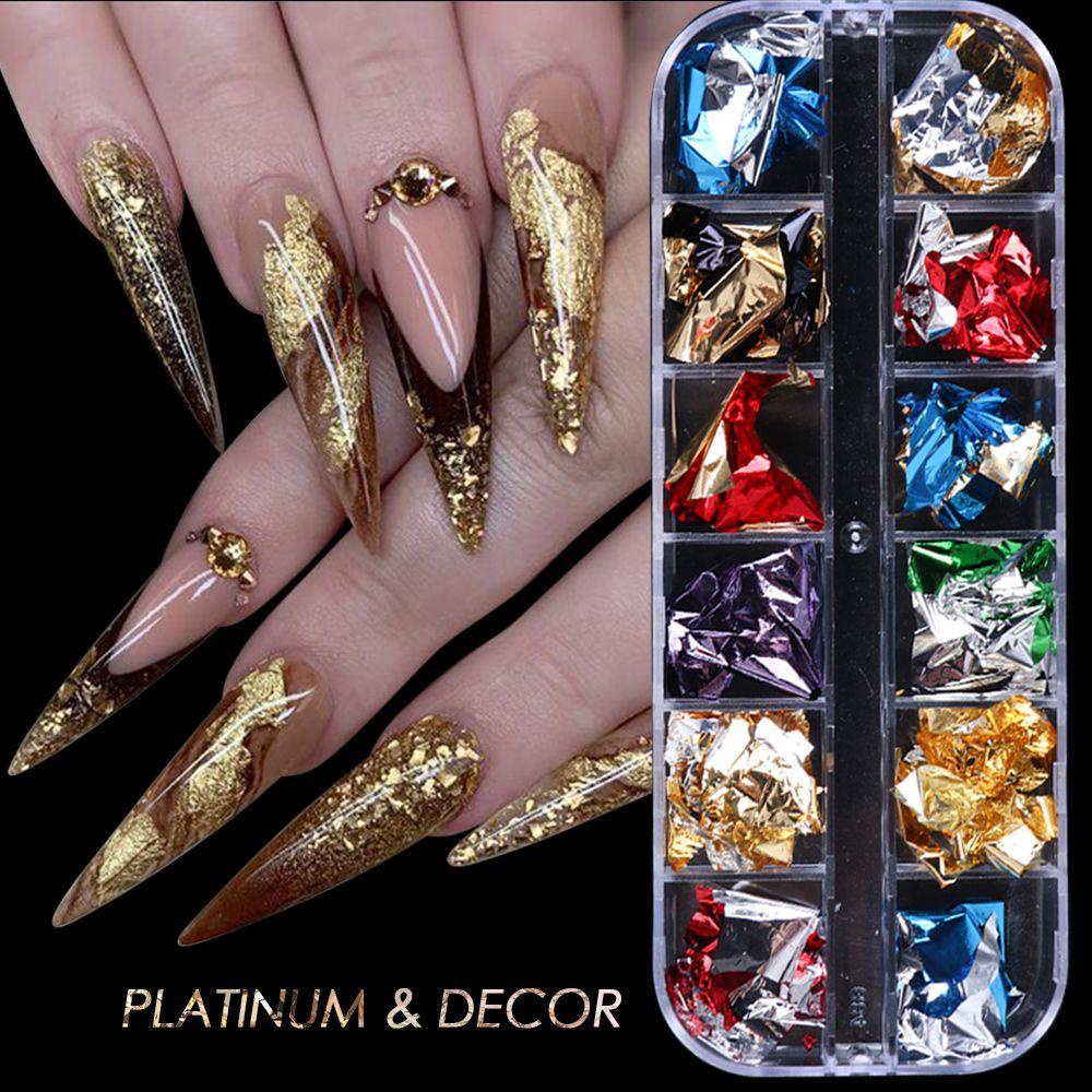 R-FLOWER 12kisi Kuku Payet Manicure Decor Cermin Chrome Pigmen Emas Perak Foil Kertas Serpihan Tidak Teratur