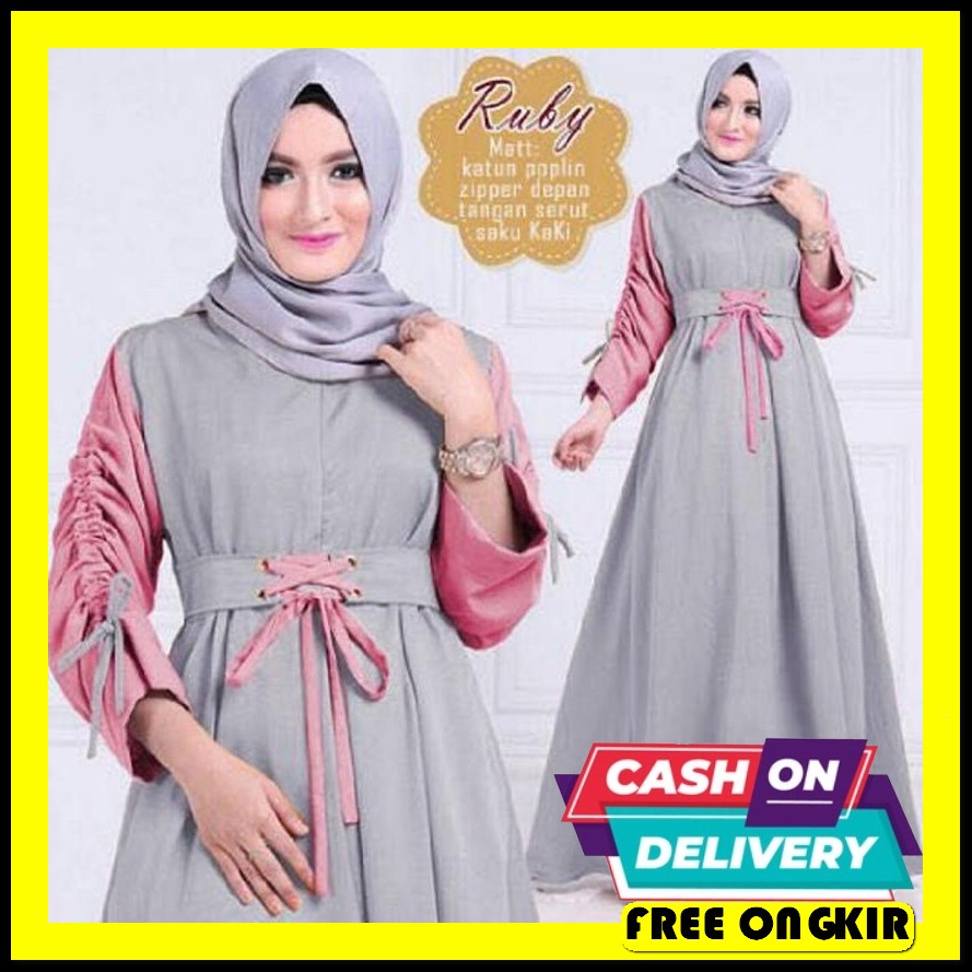 Gamis Syakila Motif Bunga Wanita Terbaru Rompi Polos Ceruty Baby Doll  Ruby Dress Maxy Gamis Kekini