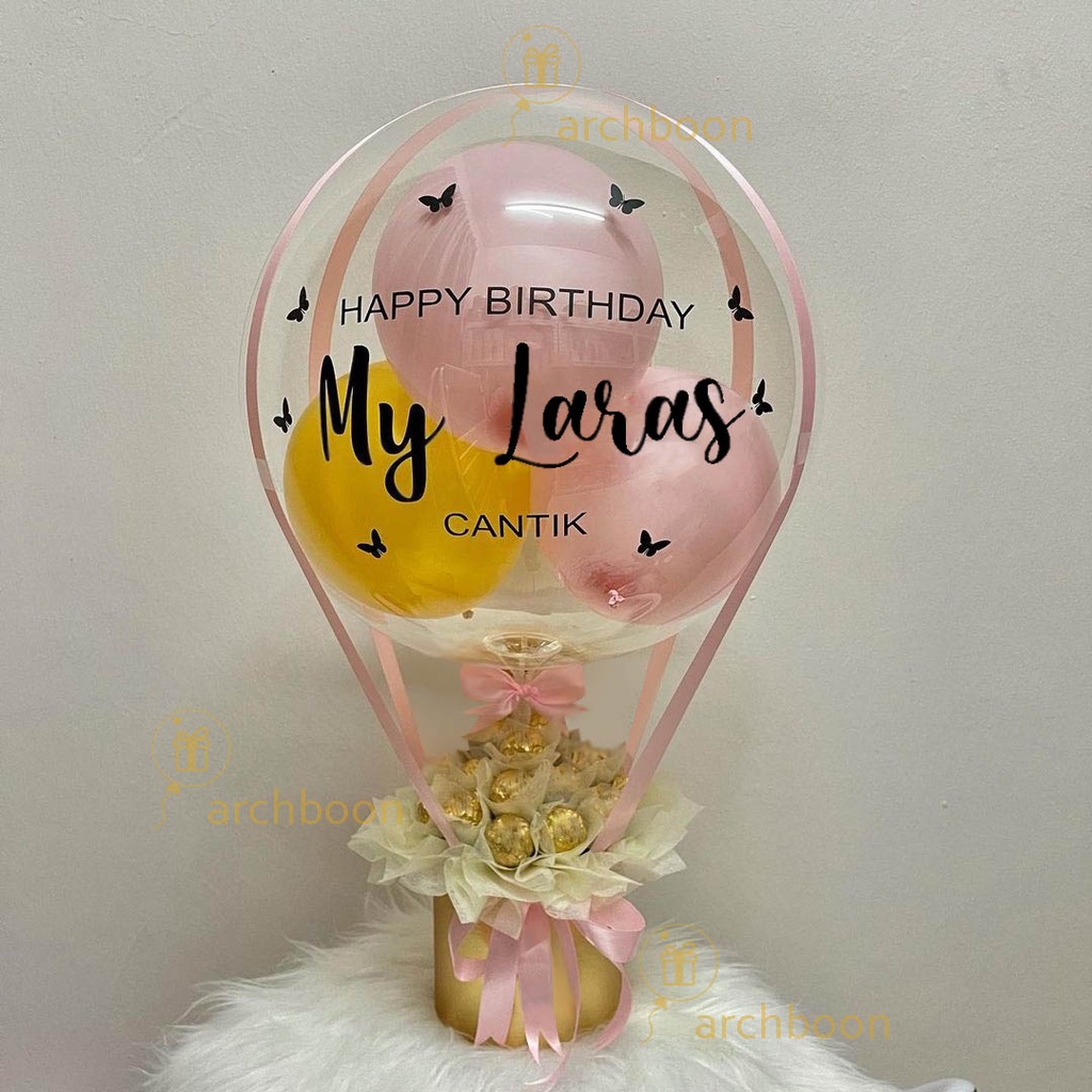 

Buket Balon Udara isi Coklat dengan Stiker Ucapan Custom Text Tulisan bisa tambah Lampu LED - Hot Air Balloon Bouquet Chocolate Hampers - Gold Pink Yellow Emas Merah Muda- Ready Makassar