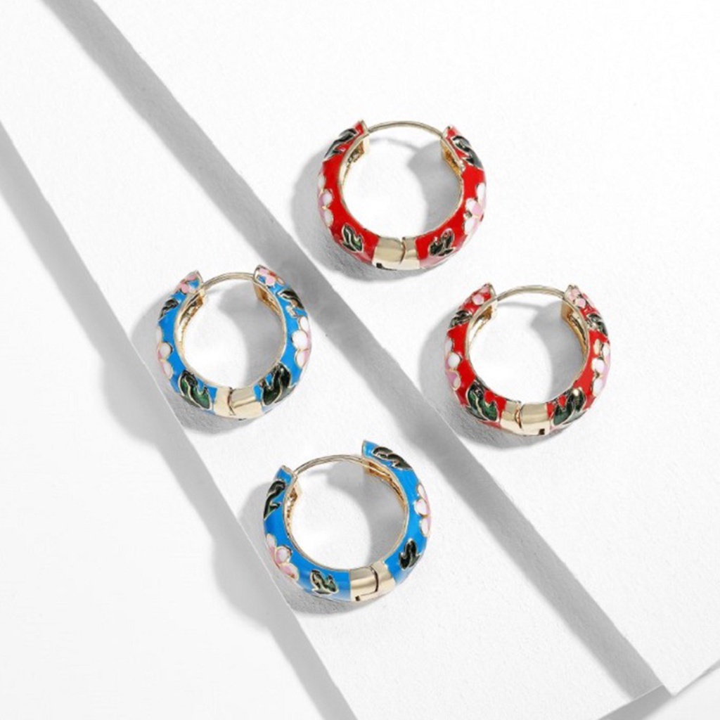 Hu Hu Hu Hu Hu Alat Bantu Pasang Kacamata♡ 1 Pasang Anting Stud Bentuk Lingkaran Motif Print Bunga Aksen Kubik Zirkon Gaya Vintage