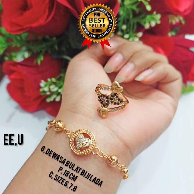 GELANG TANGAN TITANIUM MOTIF BULAT LOVE BIJI LADA SILVER DAN GOLD