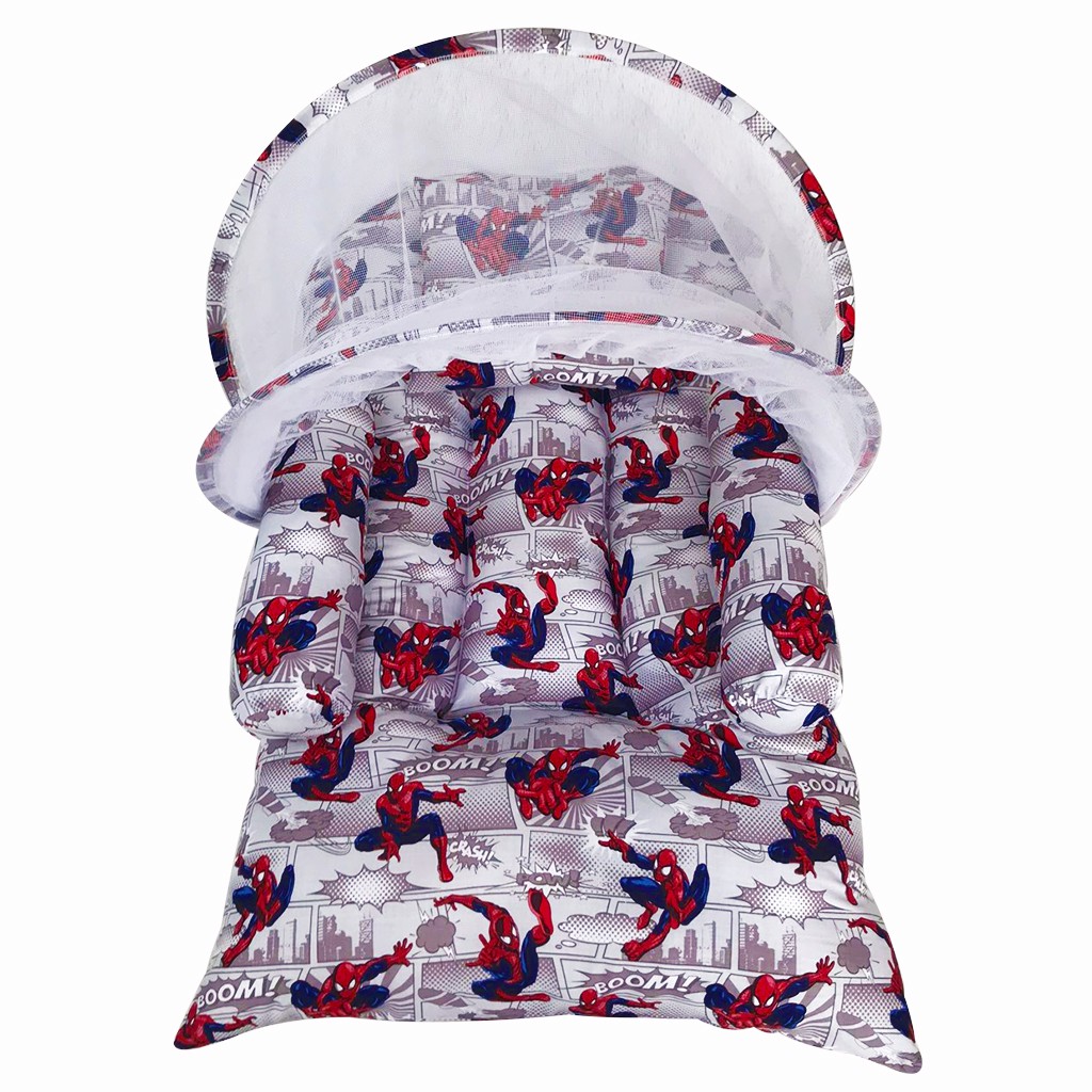 Kasur Bayi Set Motif Spiderman | Tempat Tidur Bayi Karakter Berkelambu |Perlengkapan Bayi Baru Lahir