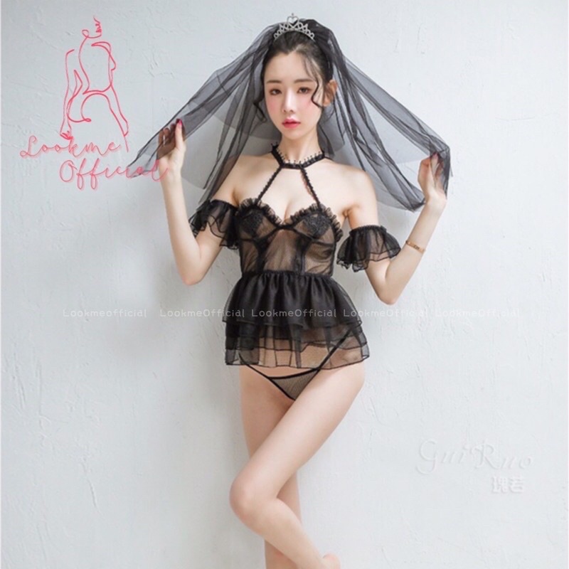 Set Gaun Pengantin Renda Transparan Lingerie Bride Dress Bridal Sexy Wanita Cosplay Waifu Babydoll