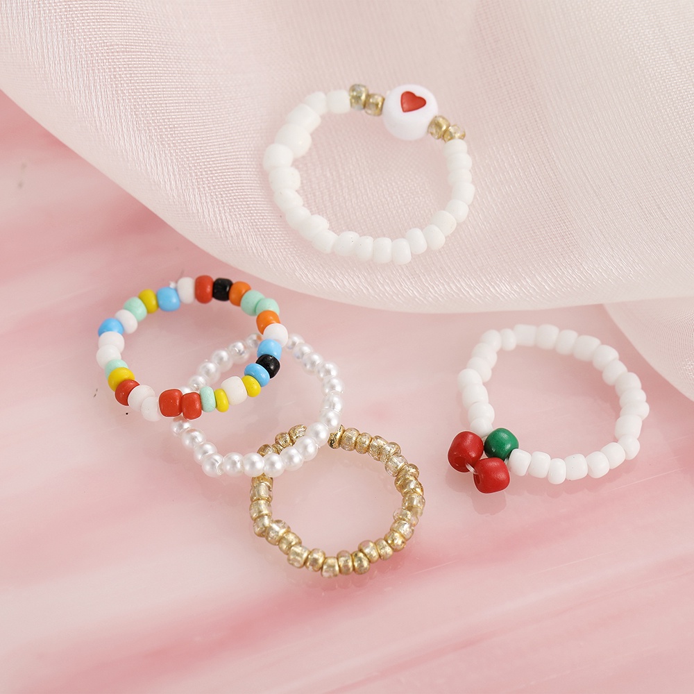 5Pcs/set Korean Fashion Beads Ring Set Ins Colorful Cherry Heart-shaped Rings Women Jewelry Accessories