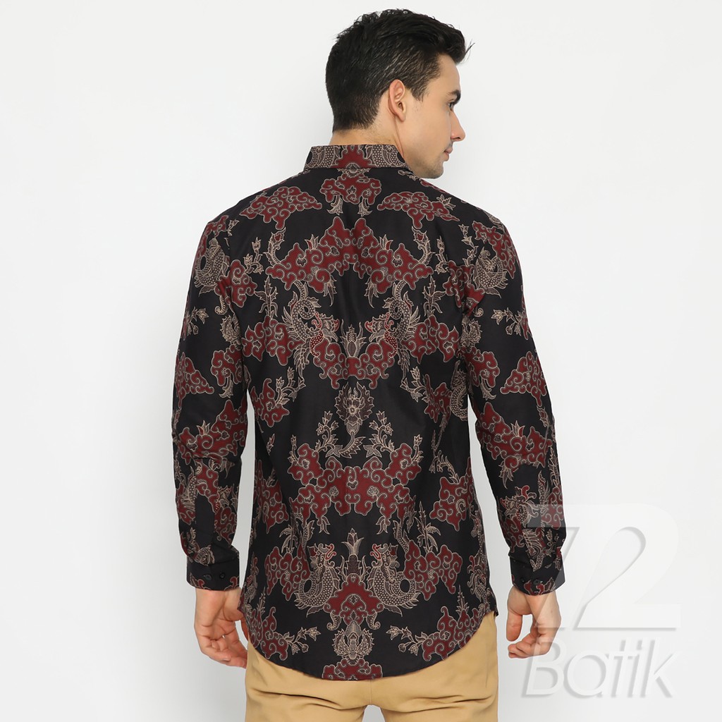 BATIK PRIA LENGAN PANJANG Kemeja Hem Slimfit Premium Motf Elegant Warna Hitam Merah 723742 Cap 72 - Baju Kemeja Atasan Pakaian Setelan Batik Pria Cowok Laki Laki Remaja Keluarga Kantor Lengan Panjang Modern Slimfit Slim Fit Premium Kekinian