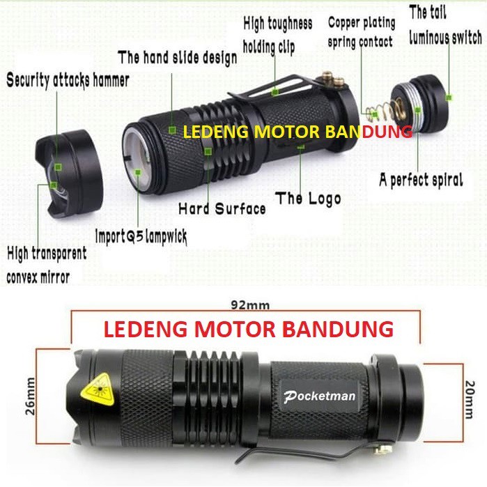 Pocketman Senter Mini LED Flashlight Waterproof Terang 2000 lumens