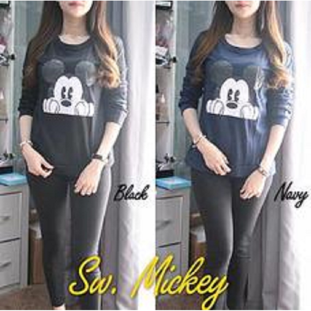 Fashion Korea Trend Baju Wanita Kekinian [Sweater Mickey BC]Sweater wanita babytery NAVY/HITAM