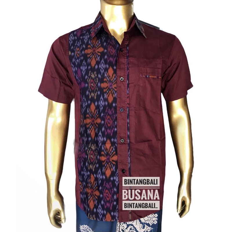 Kemeja  Lengan Pendek Kombinasi Endek Pria Kemeja Merah Kombinasi Endek bali wr Ungu Katun Endek