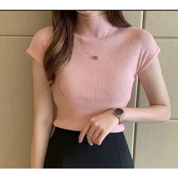 PRETTY Rajut Wanita TURTLENECK Lengan Pendek
