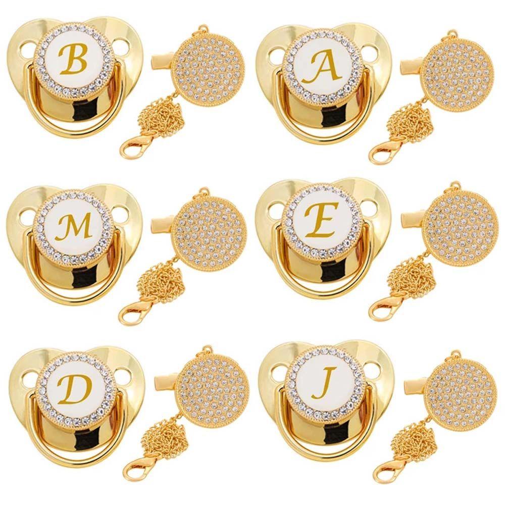 [Elegan] Dot Bayi Newborn Bayi Perlengkapan Bayi Warna Bling Emas26Huruf Inisial Dummy Soother Dot Klip