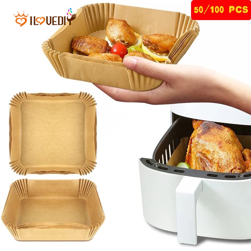 50 / 100Pcs Kertas Alas Panggang Air Fryer Anti Lengket Tahan Panas Sekali Pakai