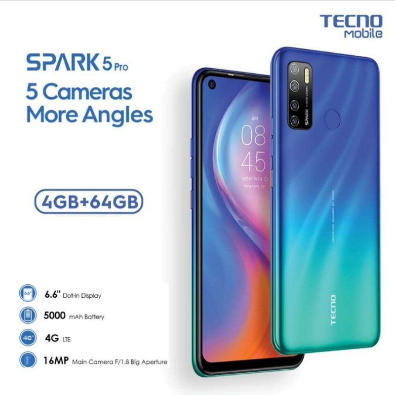 Tecno - Spark 5 Pro - 4+64GB - Octacore 1.8GHz - Battery 5000mAh - Garansi Resmi