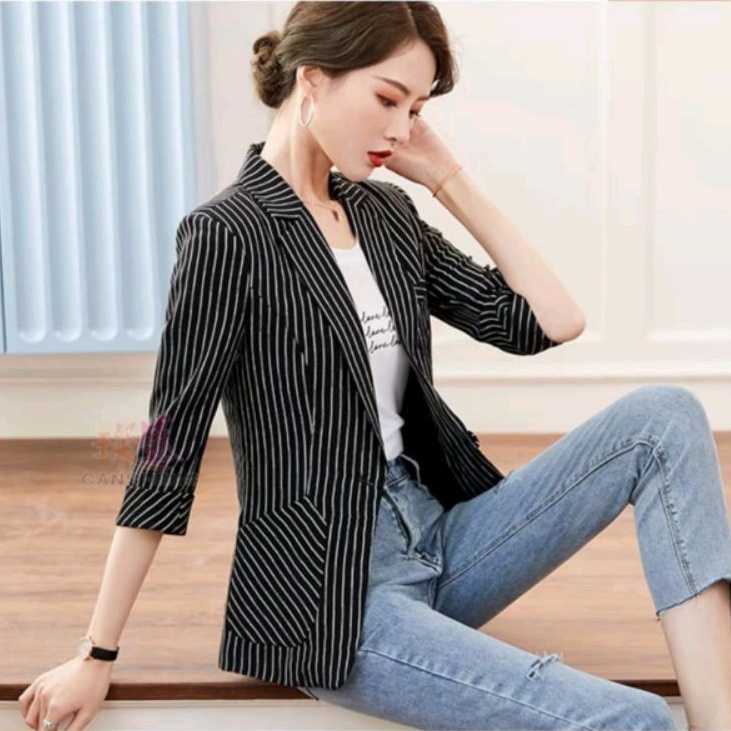 37700 Baju outer auter Blazer luaran motif salur STRIPED stripe hitam biru putih Korean style wanita