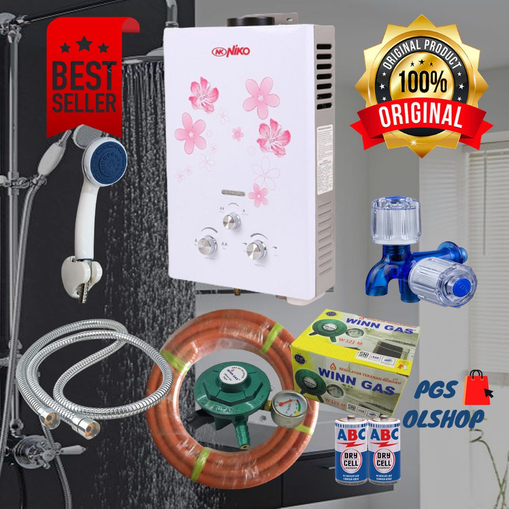 Water Heater Pemanas Air Kamar Mandi Gas Niko Lengkap Putih