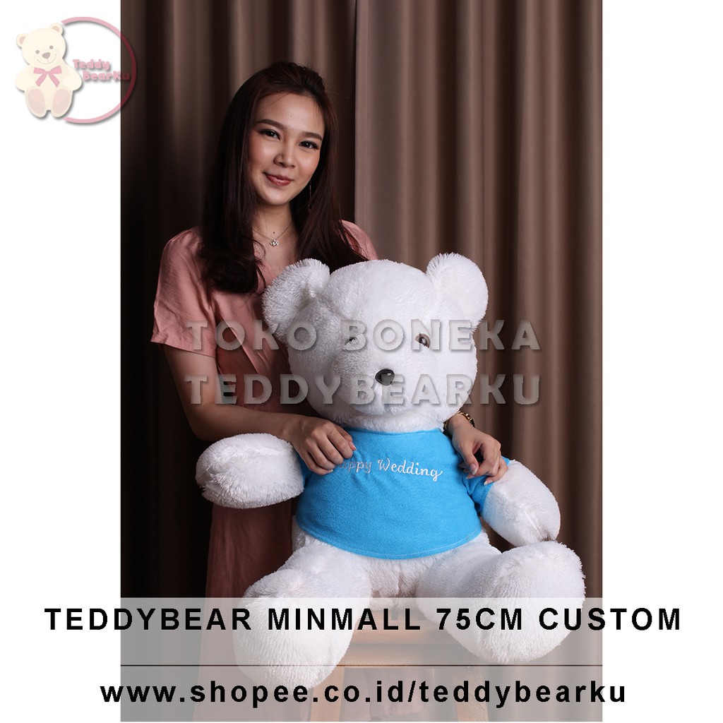 Teddy Bear Putih Baju Biru + Tulisan Custom Boneka Beruang Mini Mall 75CM XL