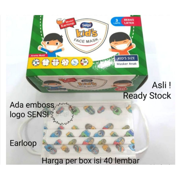 Masker Sensi Kids Face Mask 3Ply Per Box isi 40 PC/ MASKER SENSI MEDIS ANAK