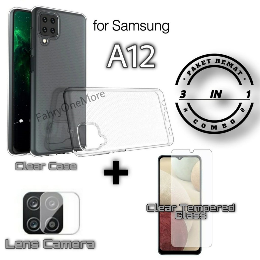 Paket 3in1 Soft Case Samsung Galaxy A12 Ultra Thin Cover Clear Free Tempered Glass Screen &amp; Kamera