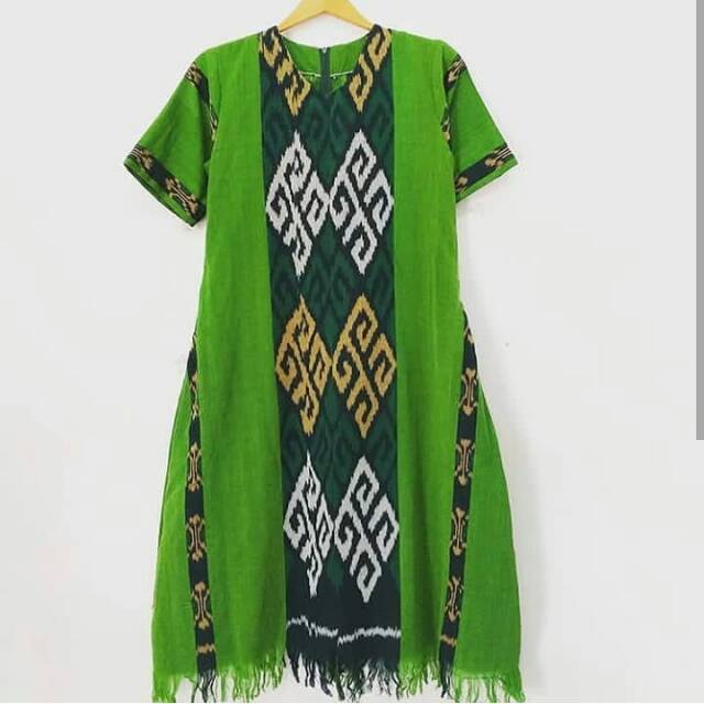 Midi dress tenun troso etnic torahja warna hijau