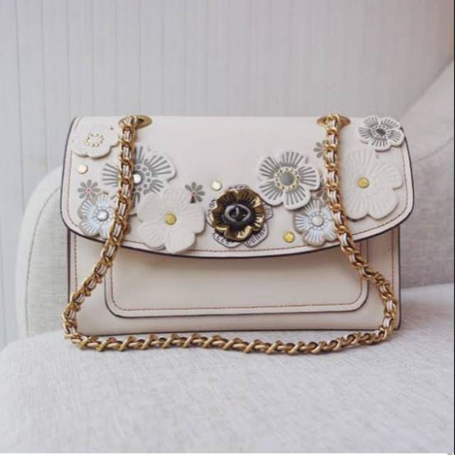 Original Coach Tea Rose Applique Parker Shoulder Bag Chalk-Gold