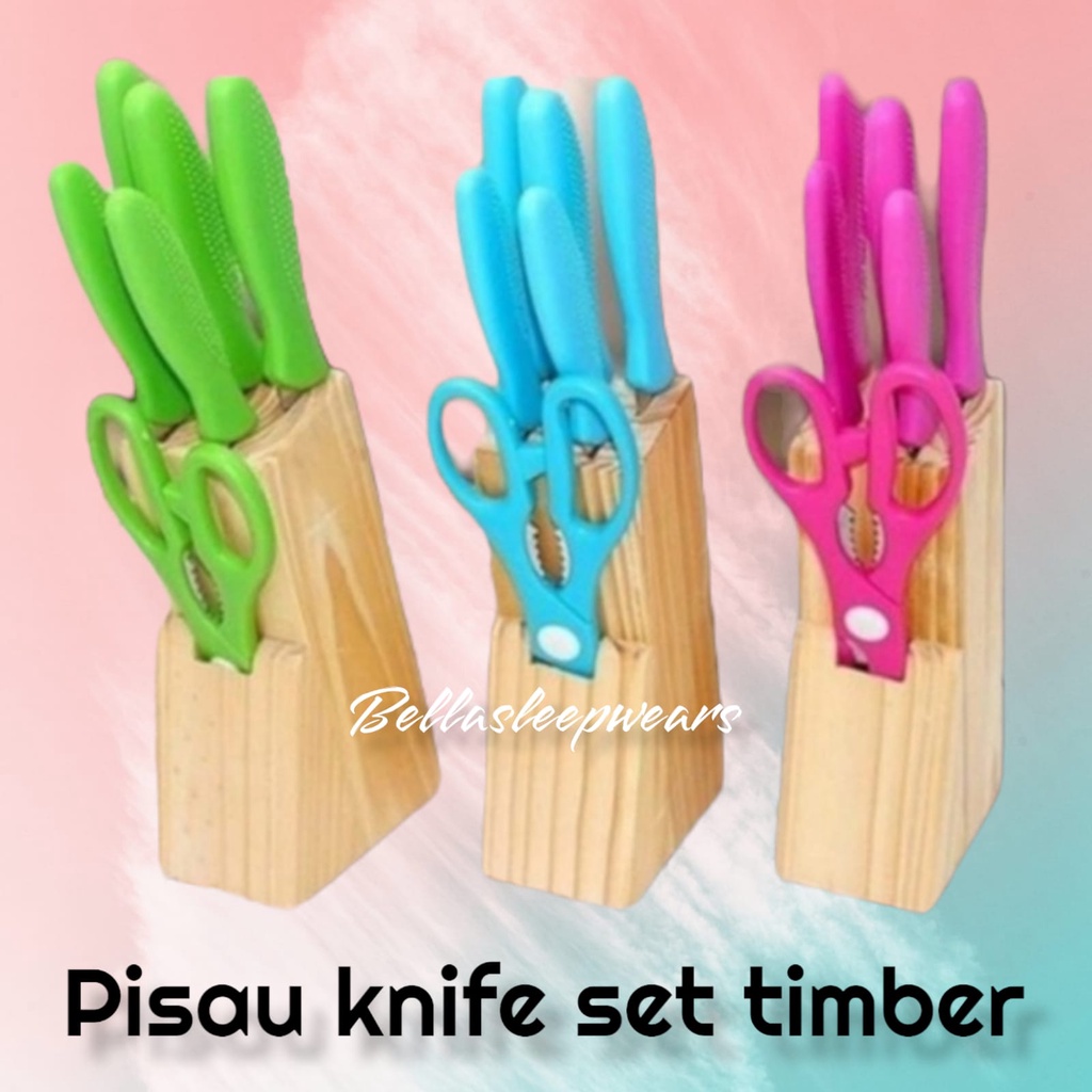 PISAU KNIFE SET 6 PCS TIMBER WARNA DENGAN WADAH PENGAMAN KAYU