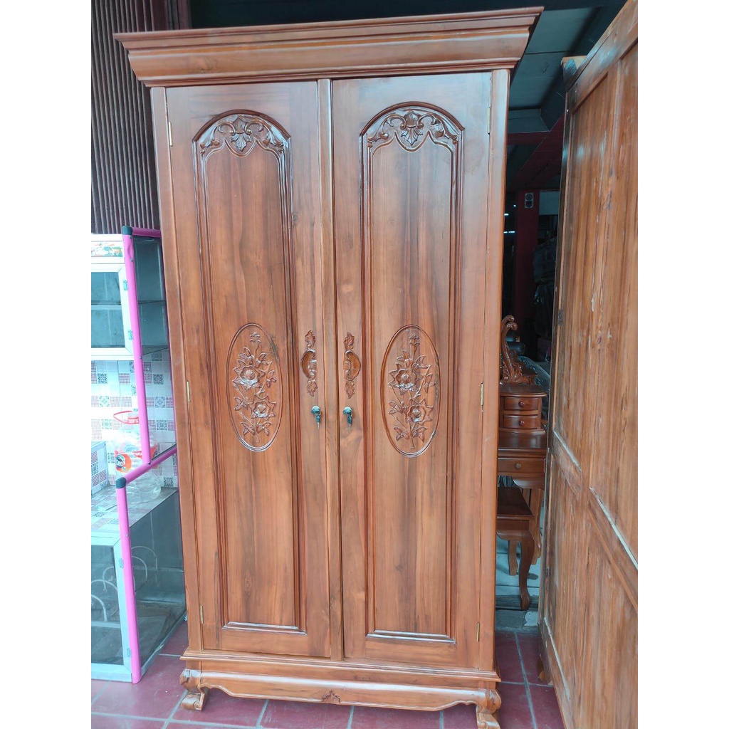 Lemari 2 / 3 Pintu Kayu Jati Jepara Mawar Asli - mebel jepara - toko mebel - mebel jati - furnture j