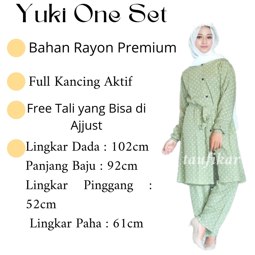 YUKI SETELAN TUNIK BAHAN RAYON PREMIUM MOTIF POLKA WARNA HIJAU SAGE BUSUI FRIENDLY LENGAN WUDHU FRIE