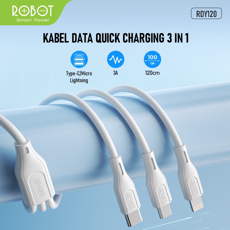 ROBOT RDY120 Kabel Data Fast Charging 3 in 1 Type-C / Micro Lightning Data Cable Original - Garansi Resmi 1 Tahun