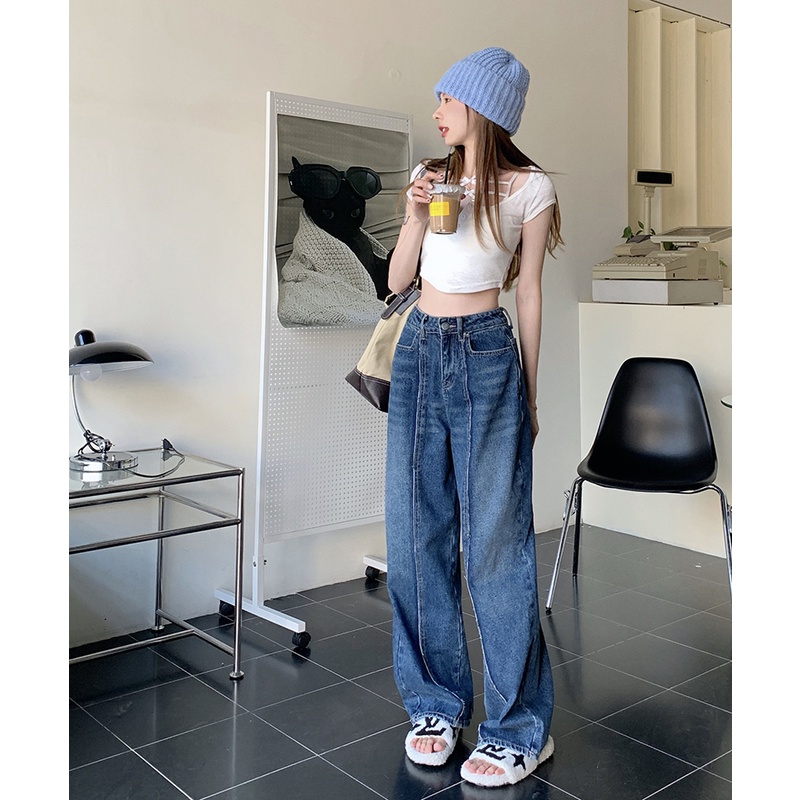 Suhao ~ celana longgar baggy pel lantai celana denim wanita