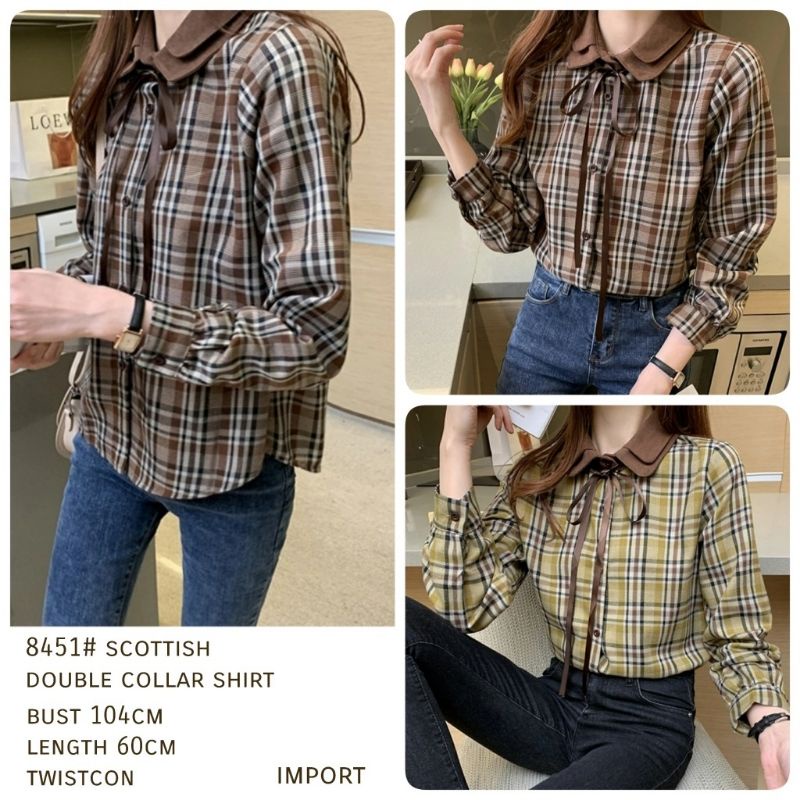 MDLV ~ 8451 Scottish Double Collar Shirt Women Plaid Shirt Premium Kemeja kotak Kemeja Twiscone Kemeja Lengan Panjang Kemeja Import Kemeja Casual Fashion Import