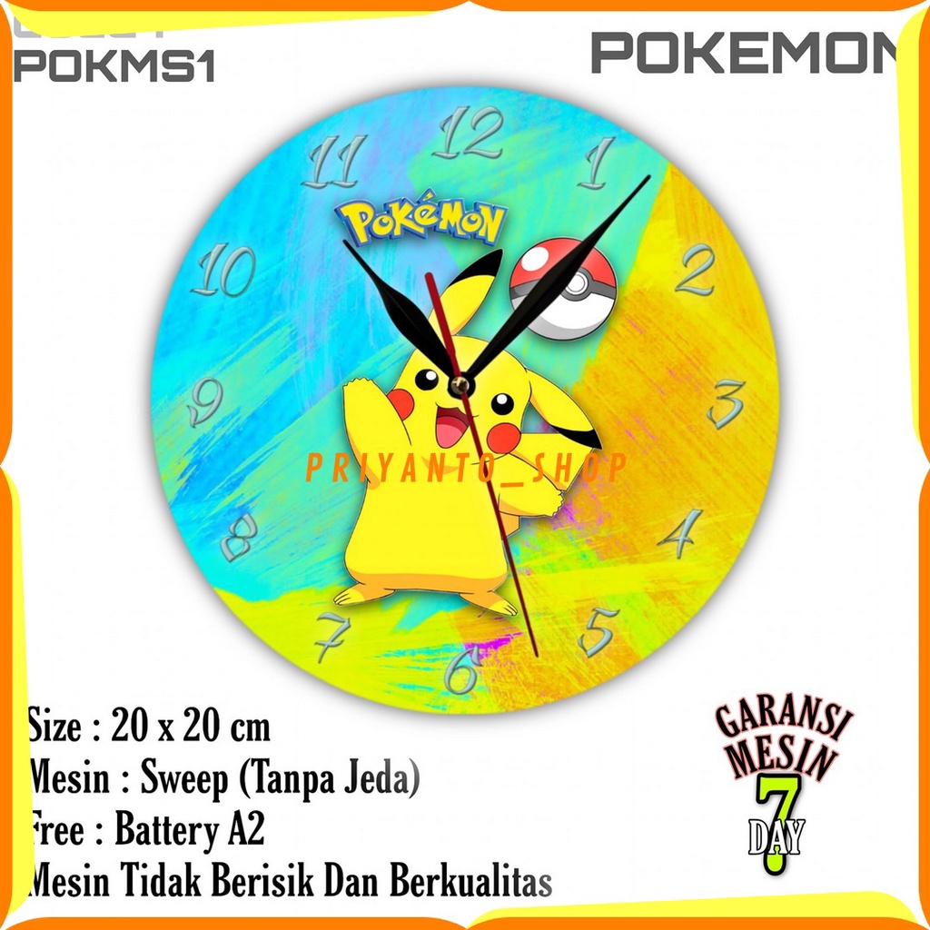 Jam Dinding Karakter Kartun Pokemon Mesin Halus Tidak Berisik bonus Baterai