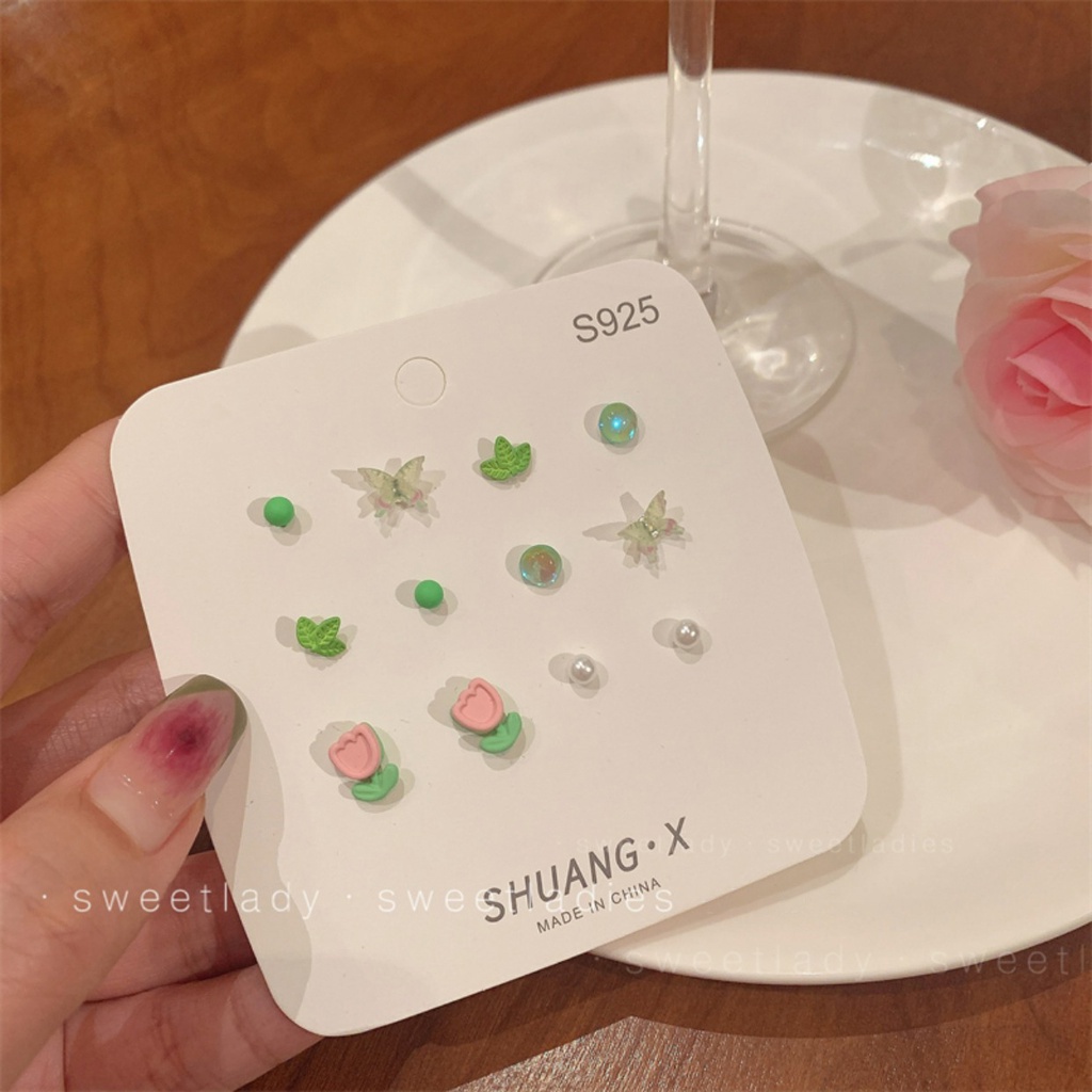 Set Anting Tusuk Desain Bunga Butterfly Bahan Resin S925 Untuk Wanita