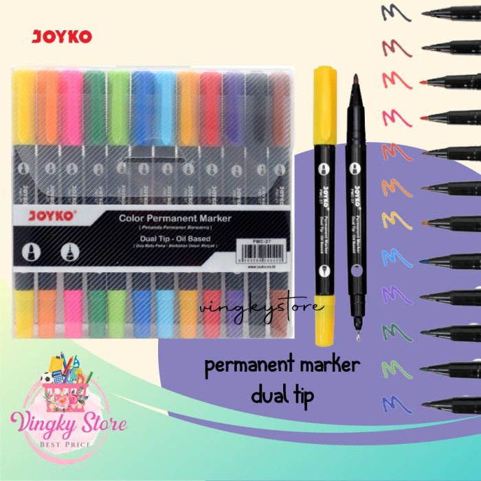 

Hadir Pen / Spidol Color Permanent Marker Dual Tip Joyko Pmc-27 (12 Warna) Gilaa!!!