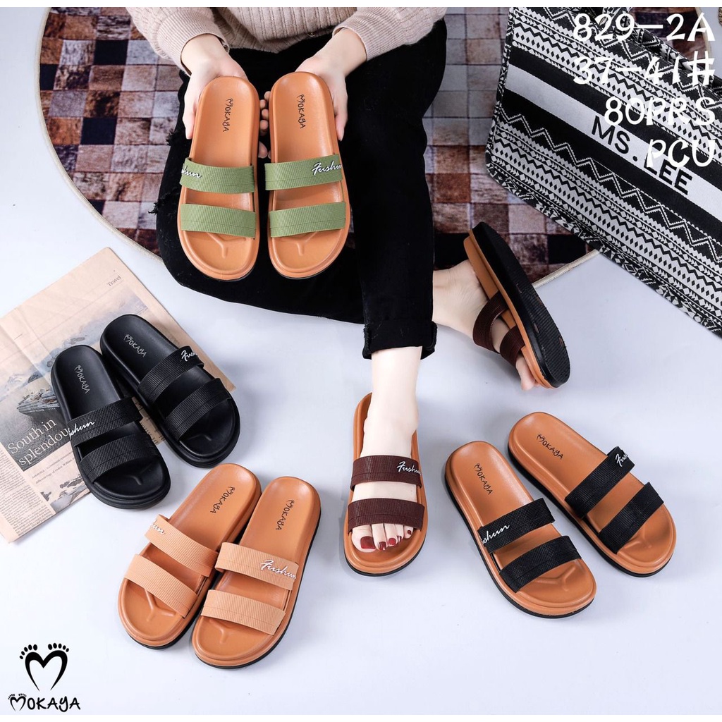 Sandal Slop Jelly Wanita Ban 2 Polos Bermotif Tulisan Fushun Elegant Casual Keren Import Mokaya / Size 37-41 (829-131/829-B6)