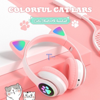 TERLARIS Headset Bluetooth LED Motif Kucing Bluetooth Telinga Lampu RGB Over Ear Anak-anak Lucu LED 