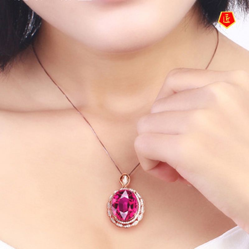 [Ready Stock]Luxury Oval Tourmaline Pendant Rose Gold Necklace Women's Fashion Accessories