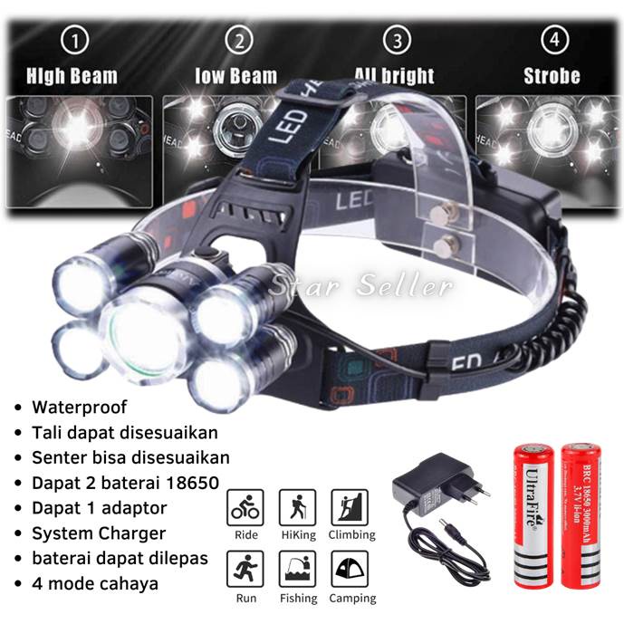 Headlamp Paket Senter Kepala 5 LED Cas Super Terang XM-L T6 + 4XPE 16000 Lumens Super Bright