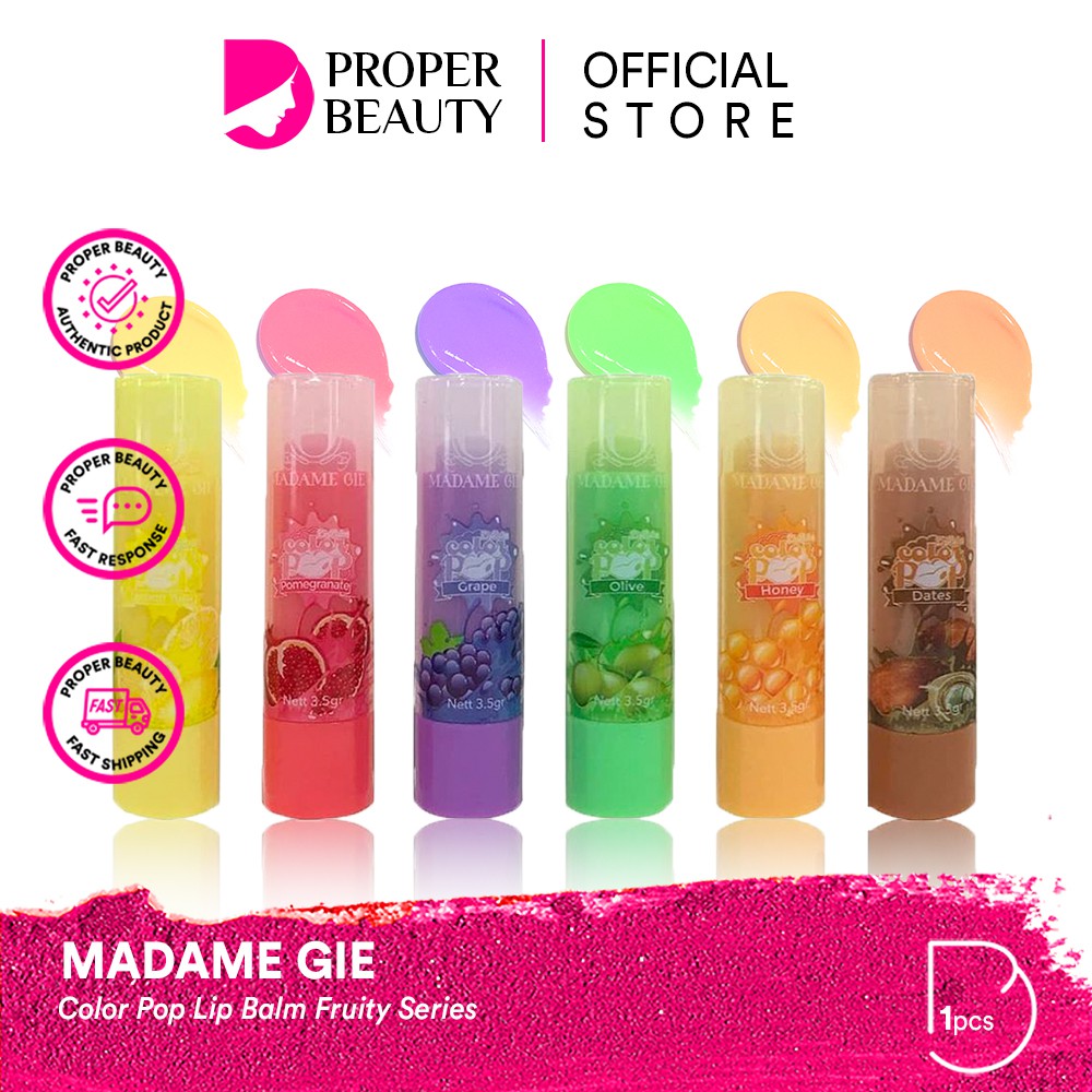 MADAME GIE Color Pop Lip Balm Fruity Series Indonesia / Pelembab Bibir 3.5g / Coconut Oil Beeswax Vitamin E / Aroma Manis Moisturise Ringan Melembabkan Pink Natural / Lipstick Lips Makeup Make Up Gincu / Skincare Face Treatment Perawatan Kulit Treat Ur