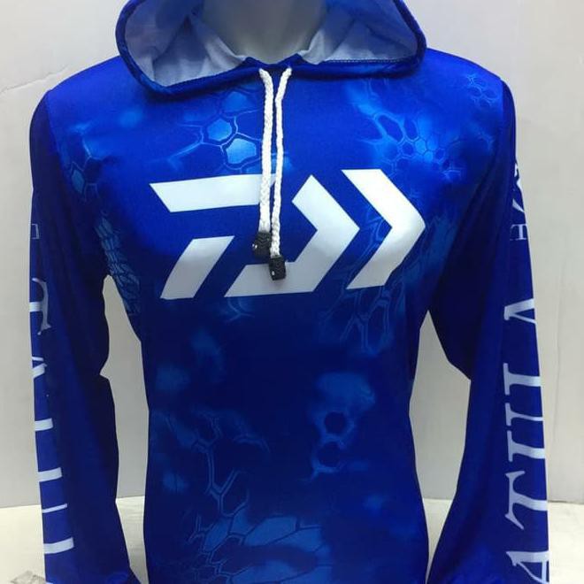 Kaos Jersey Mancing Mania Bertopi-Baju Mancing Daiwa Biru Bertopi