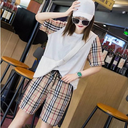 b028, import Setelan Baju Kaos Motif Kotak Kotak baju set wanita