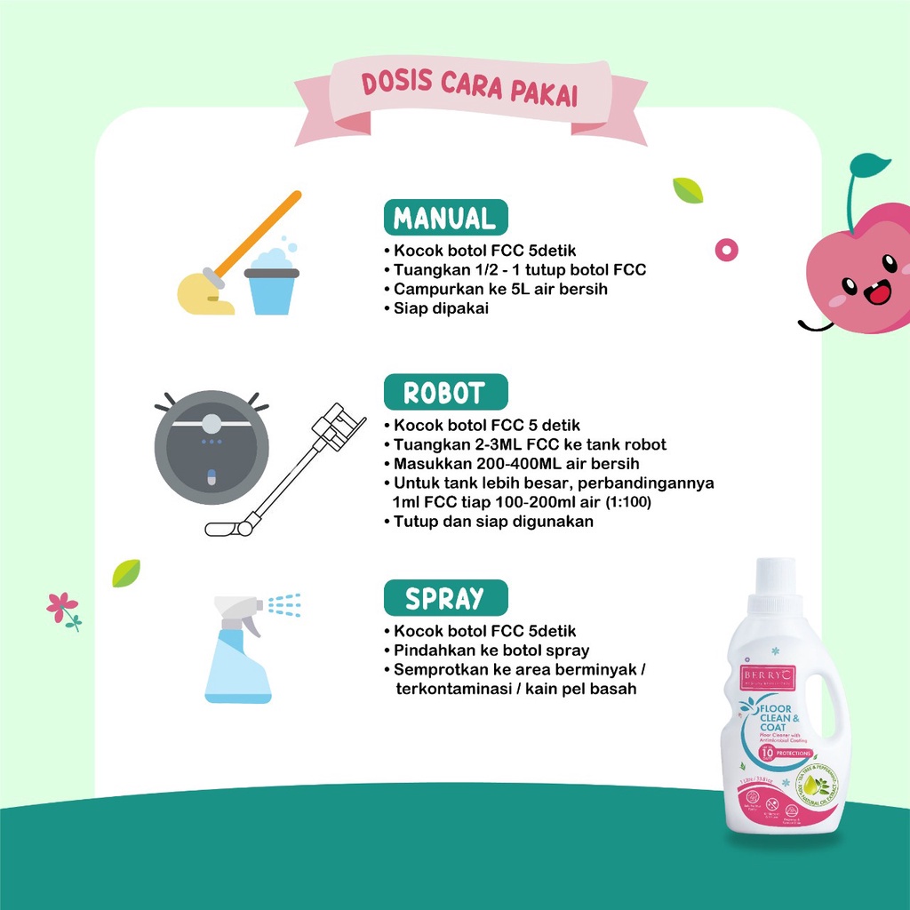 BERRYC-BERRYC FLOOR CLEANER &amp; COAT PEMBERSIH LANTAI MANUAL / ROBOT AUTOMAGTIC PAPERMINTBEBAS BAKTERI 10 HARI - 1LITER