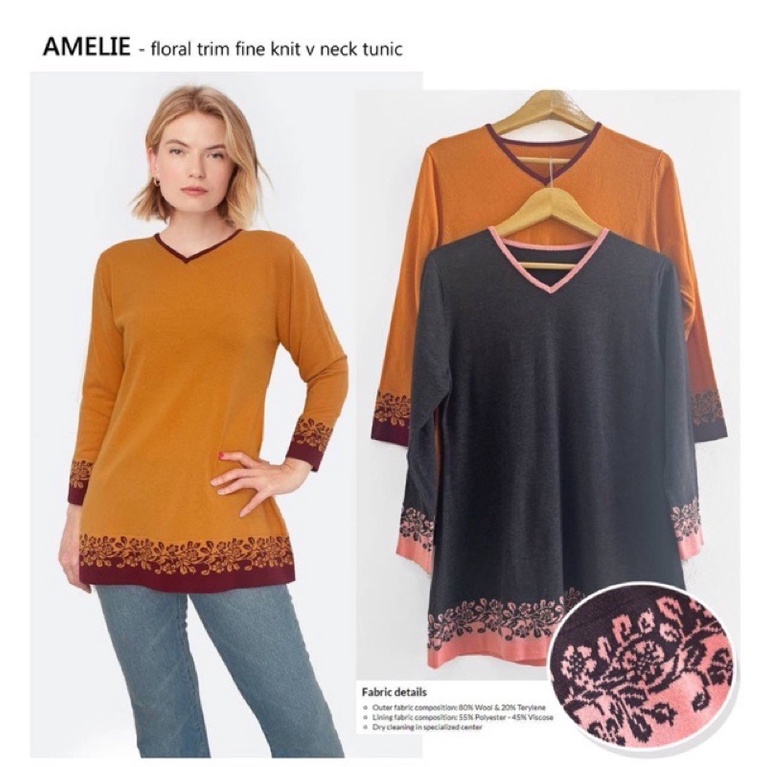 Amelie floral trim tine knit V-neck tunic