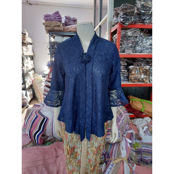 (BrTr92/100/110) Kebaya Floy Brokat GLITTER  7/8 busui TEROMPET KeroncongBusana-Navy