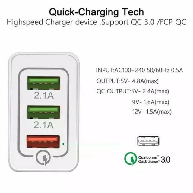 Quick Charging QC 3.0 3 USB Port Smart Charger Hp Adaptor Murah