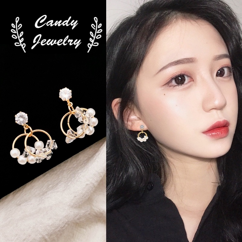 Anting Stud 925 Silver Needle Bentuk Lingkaran Geometris Aksen Mutiara Kristal Gaya Korea Untuk Wanita