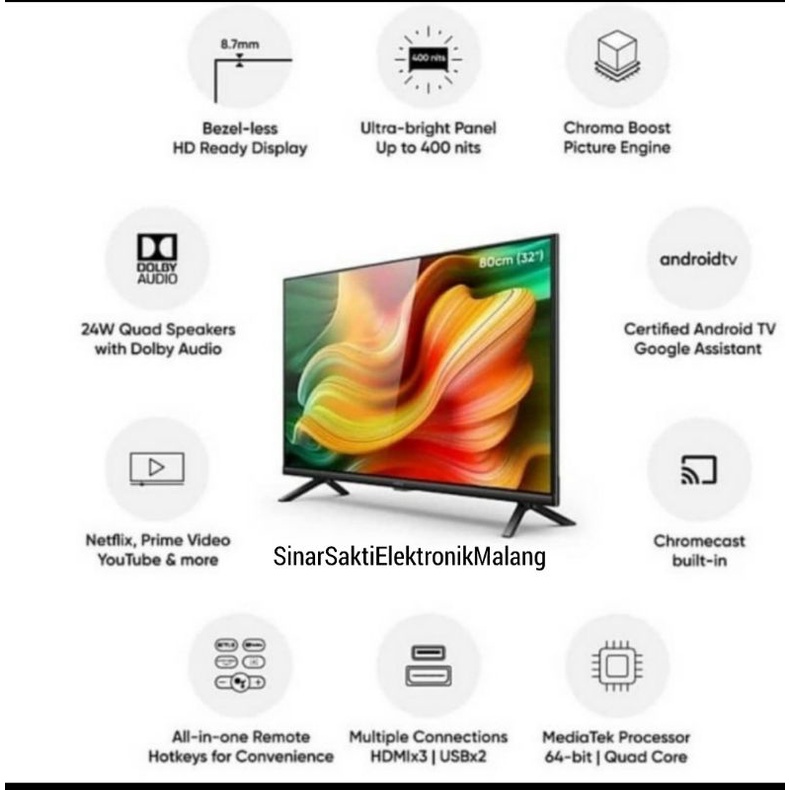 Realme Smart TV 32 Inch LED Android 9.0 Dolby Audio Garansi Resmi 32&quot;