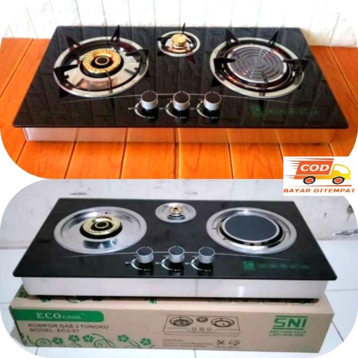 Kompor Gas Tanam 3 Tungku Mix Bara Eco Cook EC 3-01 Black Edition